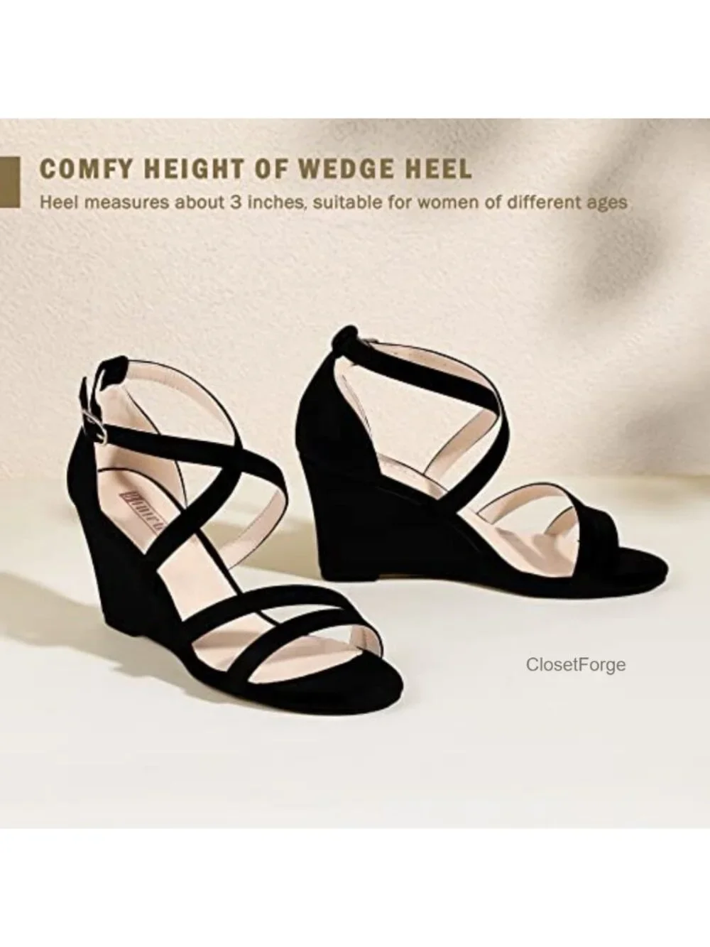 Strappy Wedge Heels Sandals 3 Inch Open Toe Ankle Strap Summer Dress Shoes